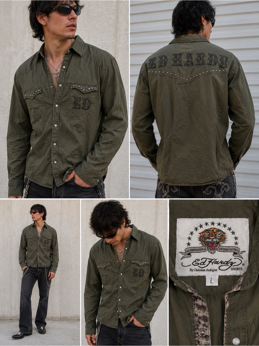 ED Hardy Studded Western Shirt Men’s Size Large Green Pearl Snap